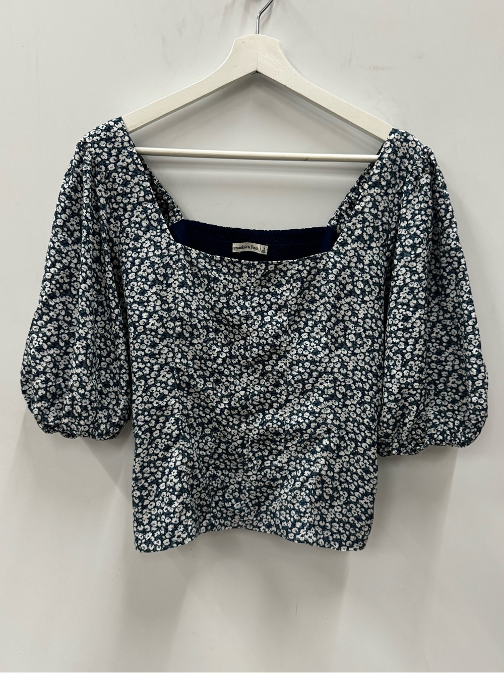 Abercrombie & Fitch Navy Floral Puff-Sleeve Square Neck Women's Blouse Sz Medium